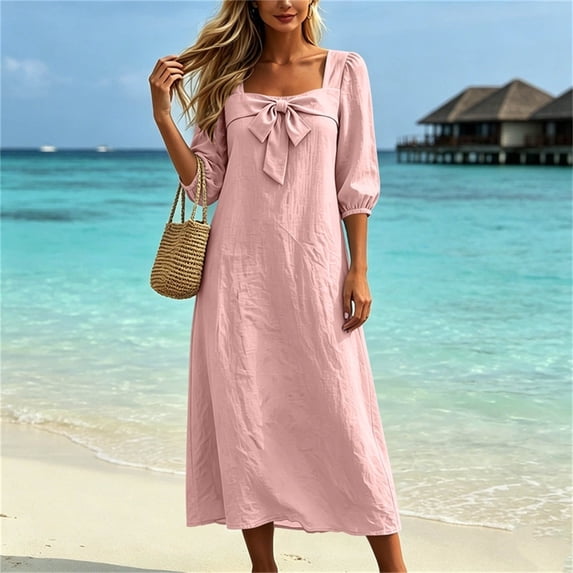 Odbmxy Cotton Linen Women's Midi Length Dresses Peasant Fall 3/4 Sleeve Tunic Puff Sleeve Square Neckline Womens Dresses