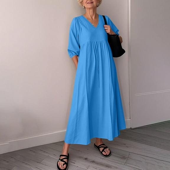 Odbmxy Cotton Linen Womens Midi Dresses 3/4 Sleeve Shirt Dress Oversized Woman Dresses Tunic with Pockets Holiday Dresses,Blue S