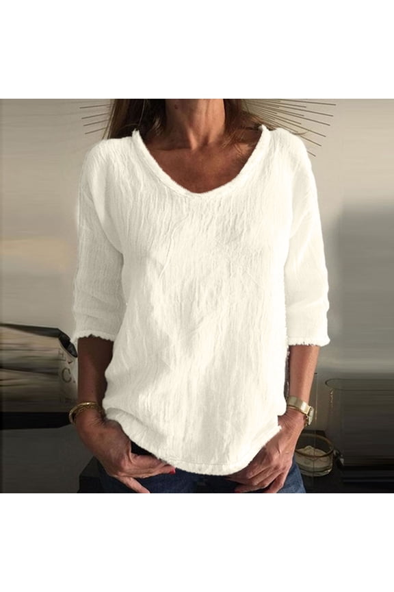 Cotton Linen Womens Plus Tees Elbow-Length Women's Plus Size Tops Everyday Solid Color Casual Loose Basic Tops,White XL