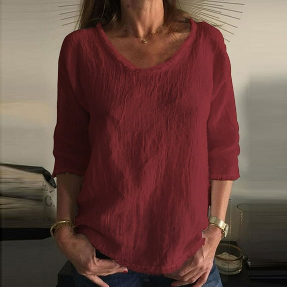 Odbmxy Cotton Linen Womens Tee Shirts Elbow-Length Plus Size Tops for Women Solid Color Casual Everyday Loose Basic Tops,Red 3XL