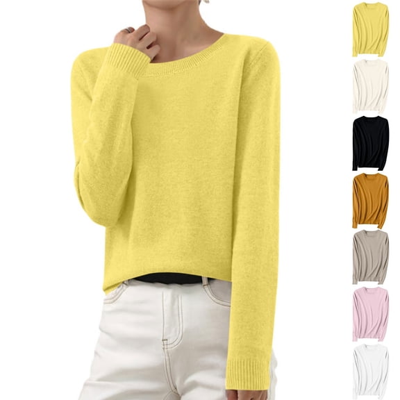 Odbmxy Cotton Sweaters for Women Long Sleeve Pullover Womens Fall Sweater Single Knitted Slim Yellow Layering Sweaters