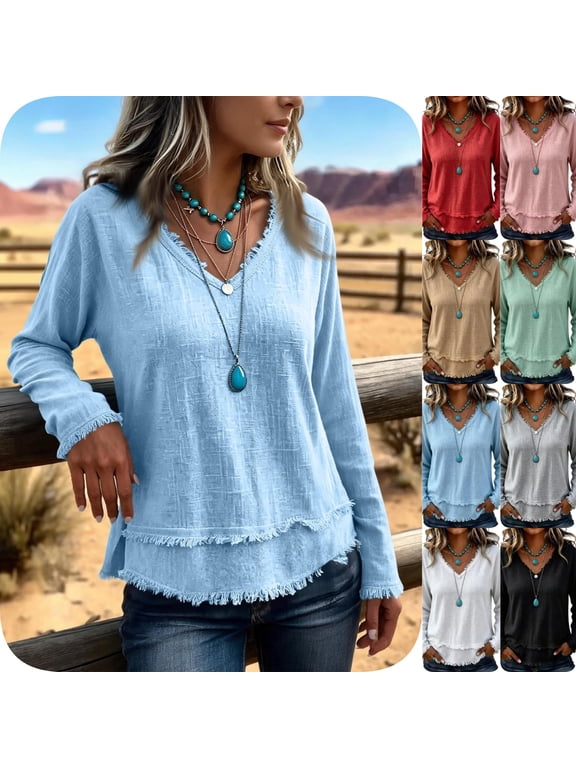 Cotton Tee Shirts for Women Plus Size Long Sleeve Tops for Women Plus Size Plain Layering Daily Basic Loose Tops,Blue L