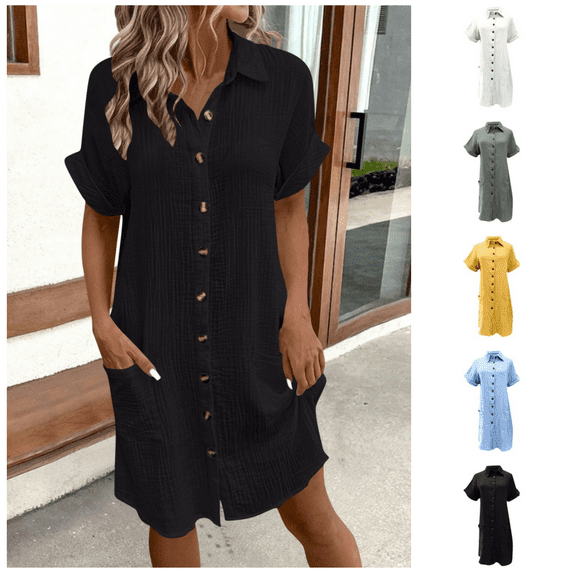 Odbmxy Cotton Women's Mini Dress Short Sleeve Shirt Dress Women's Plus Size Dresses Solid Color Loose Button Dresses,Black M
