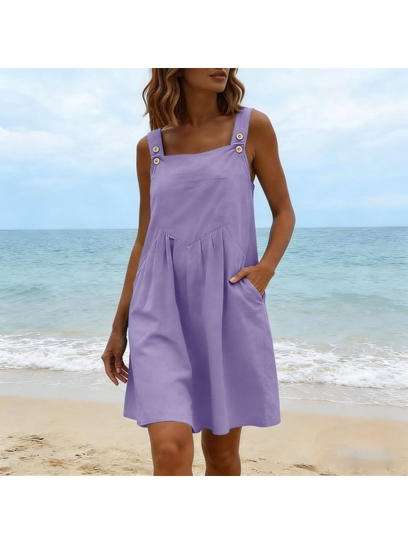 Cotton Women's Mini Dress Summer Square Neckline Womens Sundresses Tank Sleeveless Tunic Knee Length with Pockets