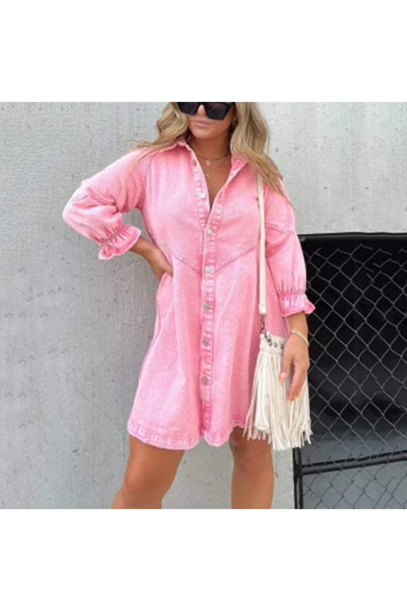 Denim Mini Dresses for Women Shirt Dress Long Sleeve Women's Plus Size Dresses Button Regular Peplum Plain Dresses,Pink 3XL