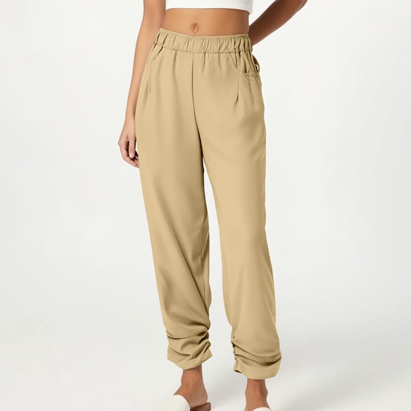 Odbmxy Elastic Waist Pants for Women Plus Size Long Cotton Linen Womens Trousers Yellow with Pockets Loose Casual Pants,XXL