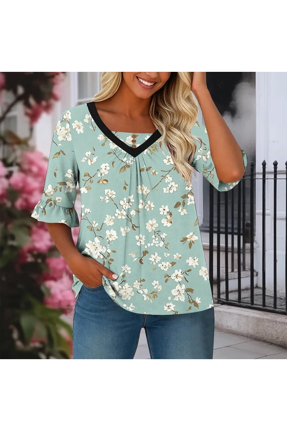 Elbow-Length Blouses for Women Summer V-Neck Womens Shirts Floral Green Vintage Flared Sleeve Casual Camping Tops