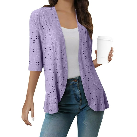 Odbmxy Elbow-Length Cardigans for Women Plus Sizes Summer Women's Shirts Hollow Out Open Front Dressy Cardigans,Purple XL
