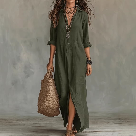 Odbmxy Fall Dresses Maxi for Women Modest Long Sleeve Tent Plain Shift Collared Tunic Loose Womens Shirt Dress