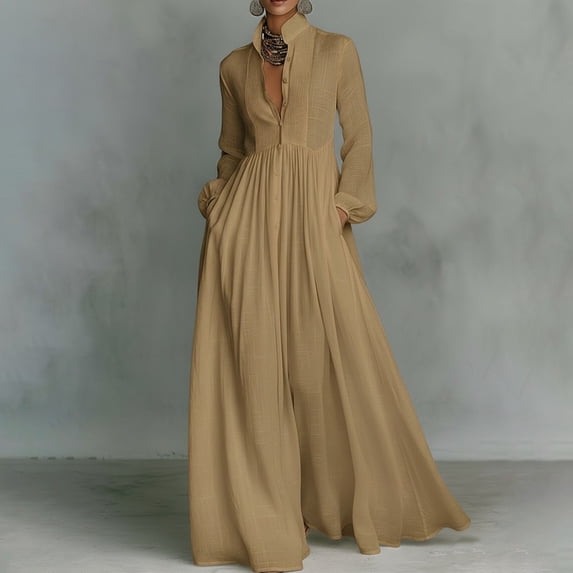 Odbmxy Fall Dresses Maxi for Women Turtleneck A-Line Long Sleeve Tunic Womens Shirt Dresses Button Party Solid Color