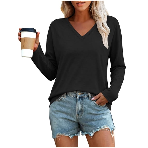 Odbmxy Fall T-Shirt Women Long Sleeve V-Neck Slim Womens Tops Layering Casual Basic Black Solid Color Everyday
