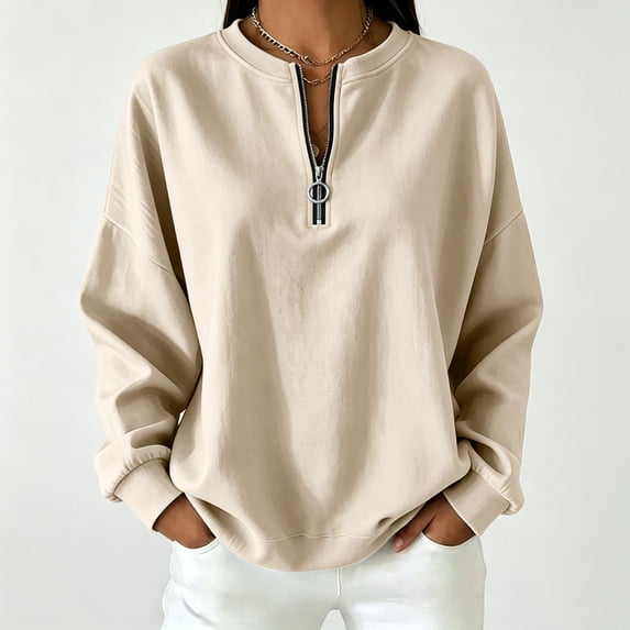 Odbmxy Fall Winter Womens Sweatshirts Long Sleeve Cotton Pullover Beige Womans Tops Vintage Crew Neck Zip-Up Leisure