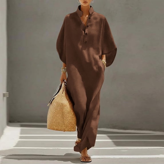 Odbmxy Fall Women Maxi Dress Cotton Linen 3/4 Sleeve Tunic Holiday Shirt Dress for Women Shift Oversized Button Collared