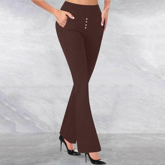 Odbmxy Flare-Leg Leggings for Women Plus Size High Rise Womens Yoga Solid Color Long Workout Button Slim Brown Pockets Pants,S