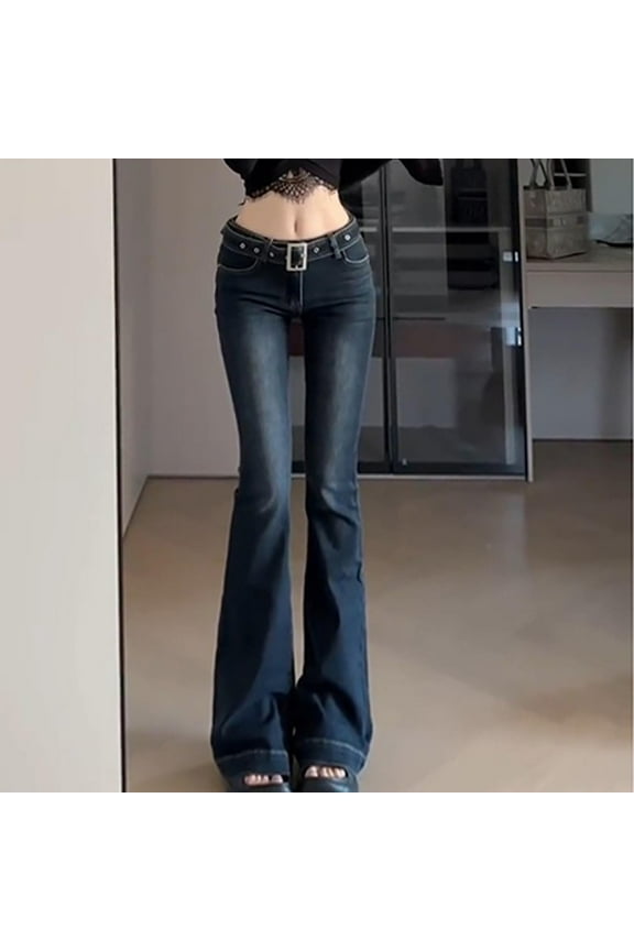 Flare-Leg Womens Jeans Plus Size Full Length Low Rise Pants for Women with Belt Slim Denim Pockets Wide-Leg Jeans,Blue XL