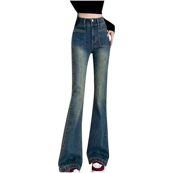 Odbmxy Full Length Jeans Womens High Rise Flare-Leg Womens Pants Plus Size Pockets Solid Slim Bootcut Vintage Denim Jeans,Blue XL