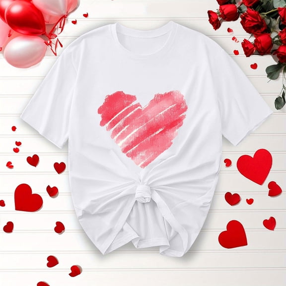 Odbmxy Funny T-Shirt Women Valentines Short Sleeve Tops for Women Loose Casual Vacation White Heart Print Shirts