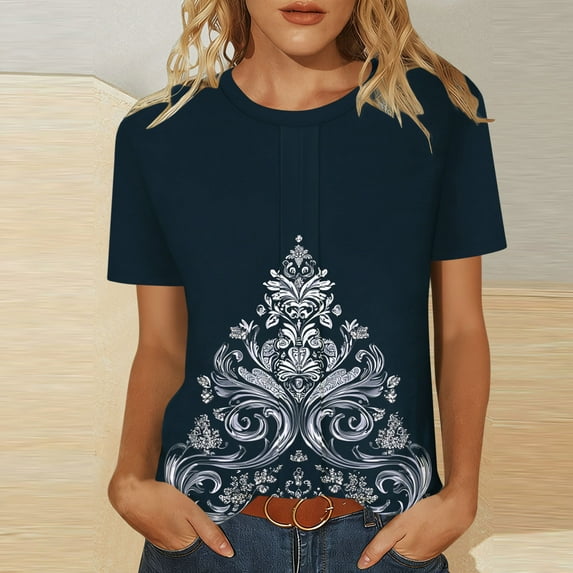 Odbmxy Graphic T-Shirts Women Short Sleeve Summer Women's Plus Size Tops Loose Classic Business Blue Casual Tops