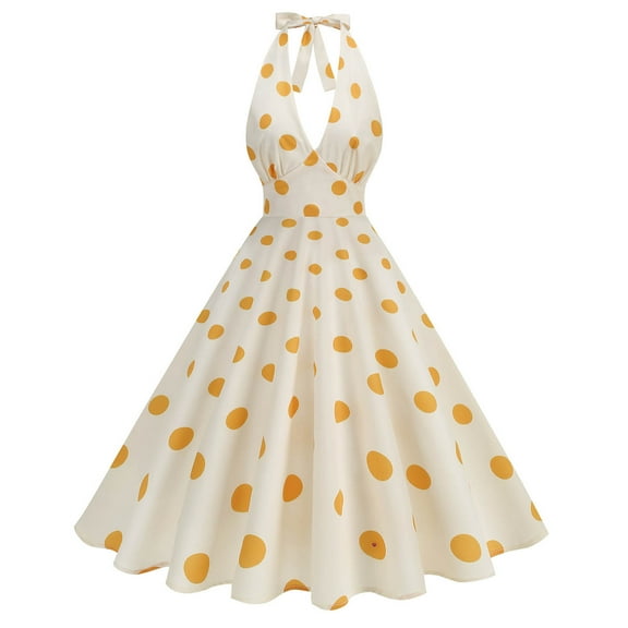 Odbmxy Halter Midi Dresses for Women Plus Size V-Neck A-Line Plus Size Women Dresses Elegant Fairy Polka Dots Dresses,Yellow S