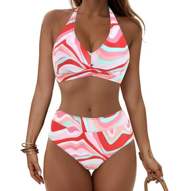 Odbmxy Halter Swimsuits for Women Two Piece Bikini Bathing Suit for Women Plus Size Bralette Holiday Striped Swimwear,Blue XXL