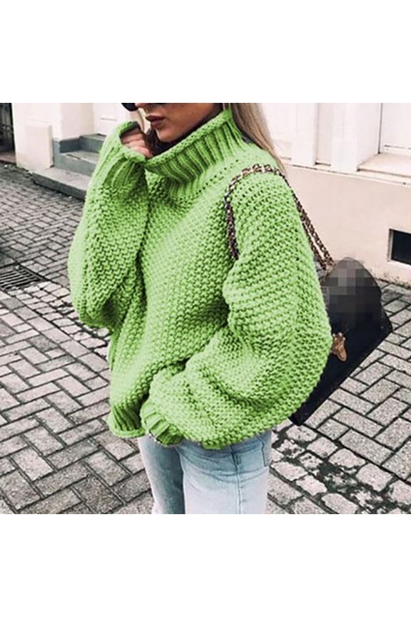 High Neck Women Sweater Pullover Chunky Long Sleeve Fall Sweaters Women Solid Color Thick Knit Loose Green Sweaters