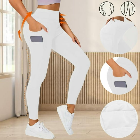 Odbmxy High Rise Plus Size Leggings for Women Sports Yoga Pants for Women White Pockets Jegging Long Tight Plain Pants,XL