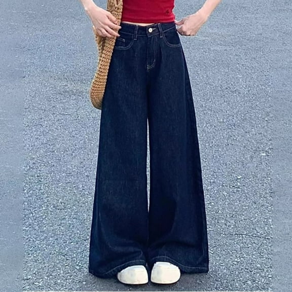 Odbmxy High Rise Plus Size Women's Jeans Full Length Wide-Leg Womens Pants Denim Straight-Leg Loose Pockets Jeans,Blue XL