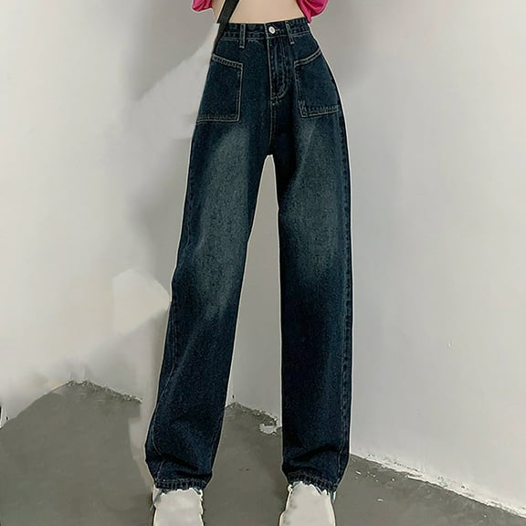 Odbmxy High Rise Women's Plus Size Jeans Straight-Leg Long Womens Pants Solid Pockets Denim Zipper Casual Loose Jeans,Blue S