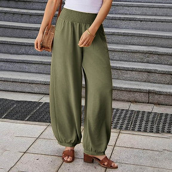 Odbmxy High Waist Pants Women Wide-Leg Long Plus Size Womens Trousers Green Loose with Pockets Stretch Palazzo Workout Pants,S
