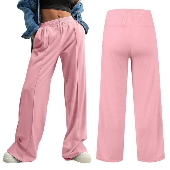 Odbmxy High Waist Plus Womens Pants Full Wide-Leg Women Trousers Workout Regular Palazzo with Pockets Elastic Waist Pink Pants,L