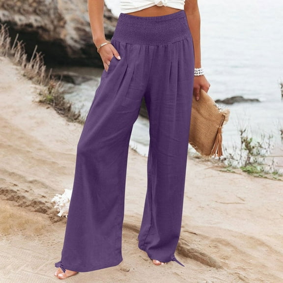 Odbmxy High Waist Womens Pants Plus Full Wide-Leg Trousers Pants Woman Stretch with Pockets Holiday Purple Loose Palazzo Pants,L