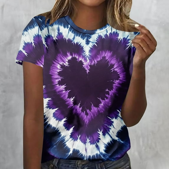 Odbmxy Holiday T-Shirts Womens Plus Size Short Sleeve Valentine's Day Women Tops for Girlfriend Loose Purple Casual Tie-Dye Shirts