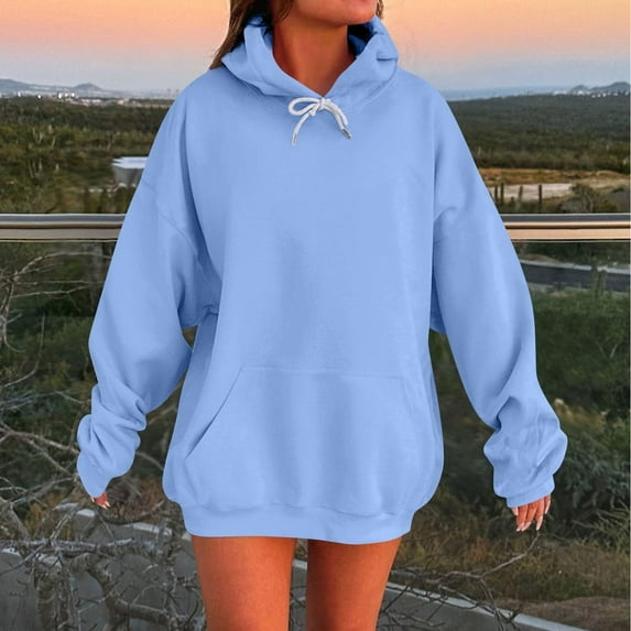 Odbmxy Hoodies for Women Plus Size Long Sleeve Womens Sweatshirts Solid Color Blue Sports with Pocket Tops,XXL