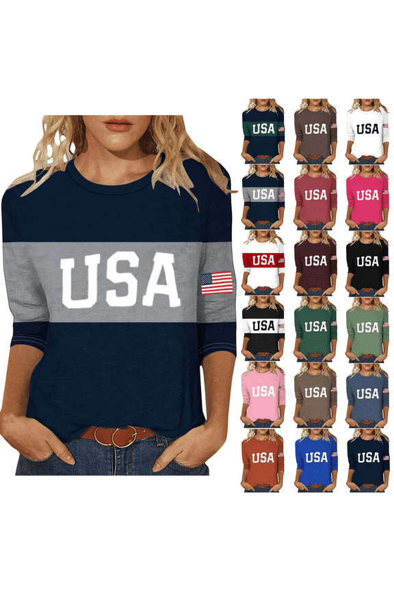 Independence Day Tshirts Shirts for Women 3/4 Sleeve American Flag Womens Tops Leisure Regular Workout Holiday Tops