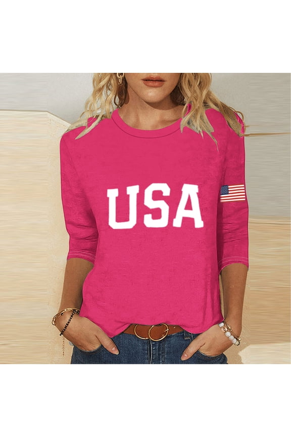 Independence Day Womens Tee Shirts Summer 3/4 Sleeve Plus Size Womens Tops Loose Vacation Patriotic Casual Tops