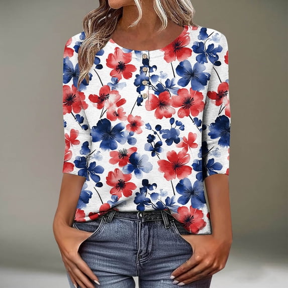 Odbmxy Independence Womens T Shirts Plus Size 3/4 Sleeve Patriotic Womans Tops Summer Casual Blue Graphic Vacation Loose Tops
