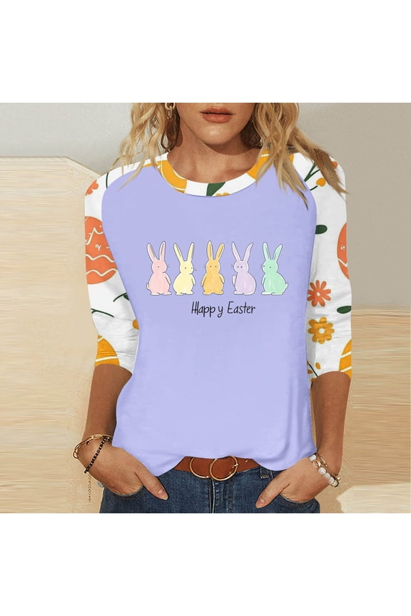 Juniors Easter Clothes Graphic 3/4 Sleeve Summer Womens Plus Size T Shirts Leisure Pullover Vacation Purple Tops