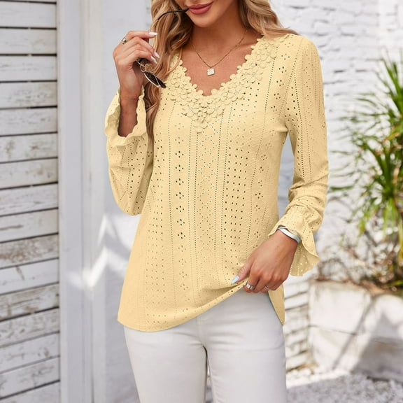 Odbmxy Lace Plus Size Shirts for Women V-Neck Long Sleeve Women Blouse Dressy Loose Casual Ruffles Solid Color Tops,Yellow L