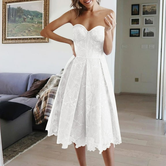 Odbmxy Lace Womens Midi Dresses Sleeveless Strapless Woman Dresses Plus Size Solid Classy Party Evening Gown Regular Dresses,White S
