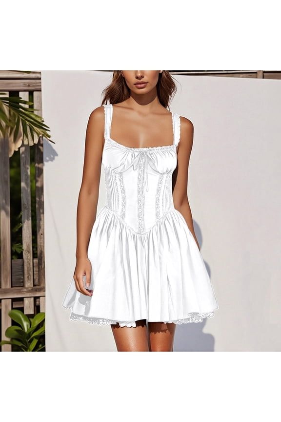 Lace Womens Mini Dress Cocktail Sleeveless Women Dresses Slim Square Neckline Vintage Tunic Plain Party White Dress