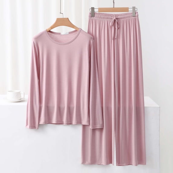 Odbmxy Ladies Pajamas Set Long Sleeve 2 PC Cotton Lounge Set for Women Pink Soft Loose Casual Sleepwear M
