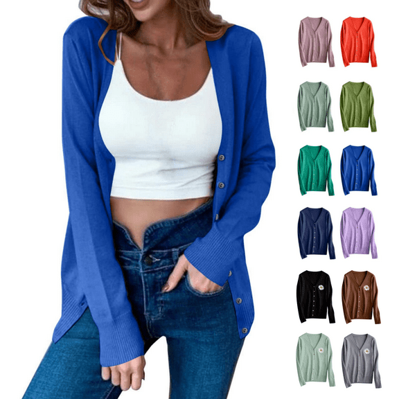 Odbmxy Ladies Sweaters V-Neck Long Sleeve Sweaters for Women Plus Size Cardigan Plain Blue Button up Casual Regular Sweaters