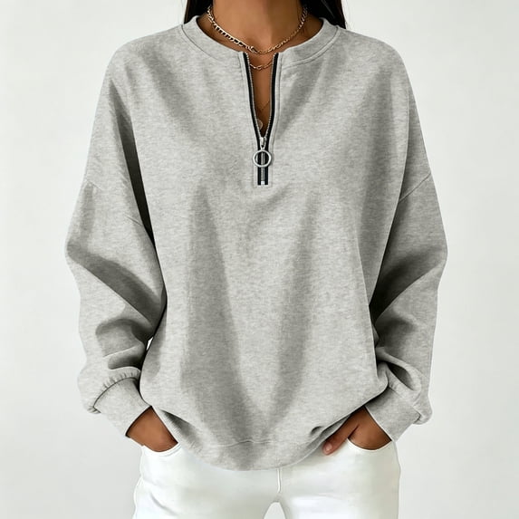 Odbmxy Ladies Sweatshirts Cotton Fall Winter Long Sleeve Pullover Leisure Women's Shirts Crew Neck Vintage Gray Zip-Up