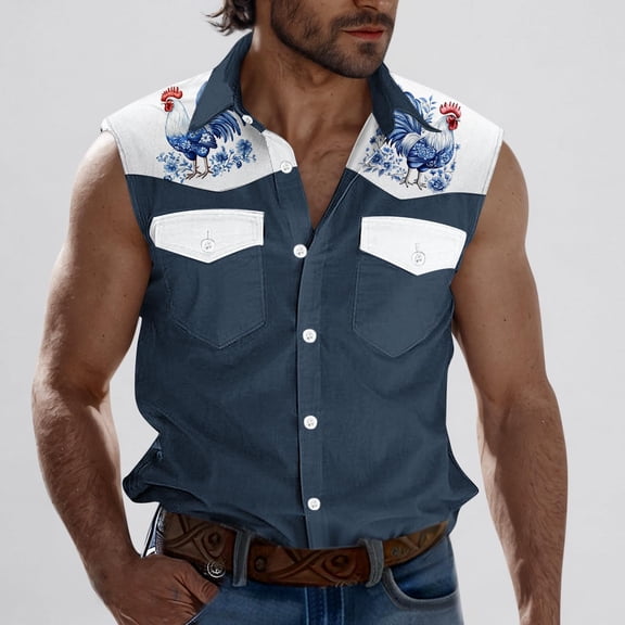 Odbmxy Lapel Men's Tank Tops Sleeveless Mens Plus Size Shirts Regular Cardigan Button up Graphic Leisure Shirts,Blue L