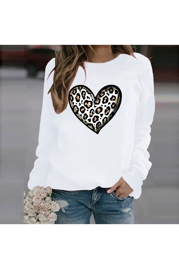 Leopard Print Womens Tee Shirts Long Sleeve Ladies Plus Size Tops Leisure Valentines Day Lovely Heart-shaped Tops,White XL