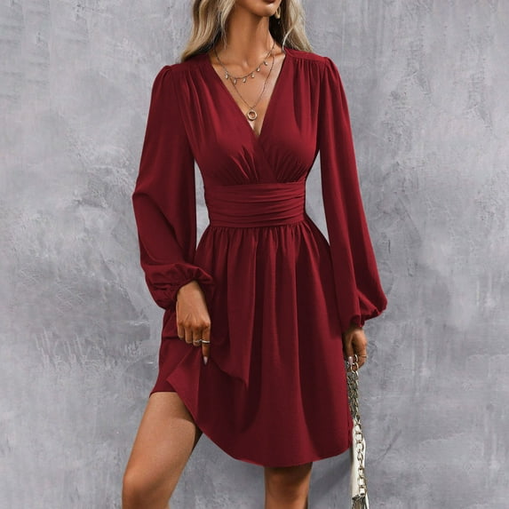 Odbmxy Long Sleeve Mini Dresses for Women Tunic Women Dresses Slim Solid Lantern Sleeve Dressy Fancy Dresses,Red M