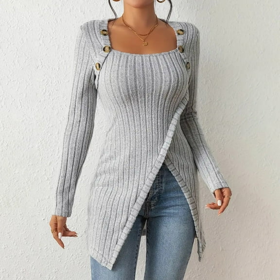 Odbmxy Long Sleeve Sweater Women Square Neckline Pullover Fall Sweaters for Women Slim Soft Solid Color Knit Gray Sweaters