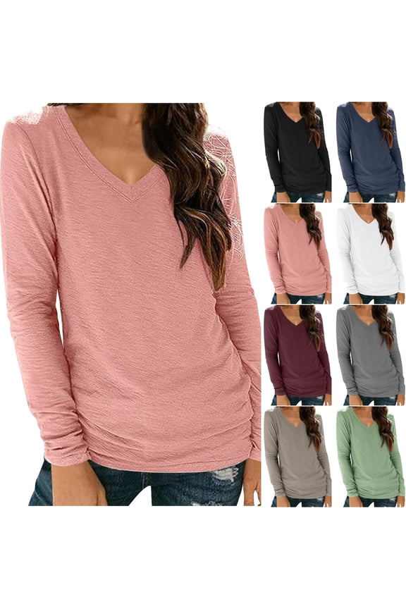 Long Sleeve T-Shirts Women Cotton Ladies Plus Size Tops Casual Daily Loose Basic Plain Layering Tops,Pink S