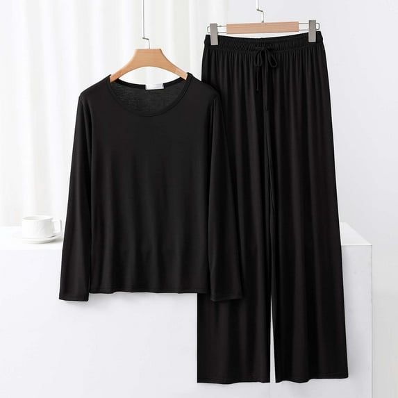 Odbmxy Long Sleeve Women Pajamas Sets Cotton Pajamas Womens Black Plain Soft Loose Comfy Lounge Sets 2 PC