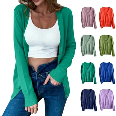 Odbmxy Long Sleeve Women Sweater V-Neck Sweater Cardigan Women Casual Green Regular Button up Plain Sweaters